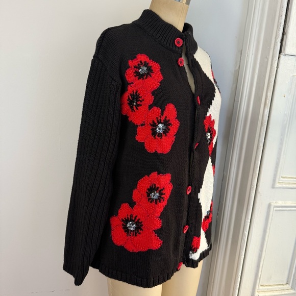Vintage Argyle story book knits Black Red Floral cardigan with ceramic buttons - Picture 6 of 16